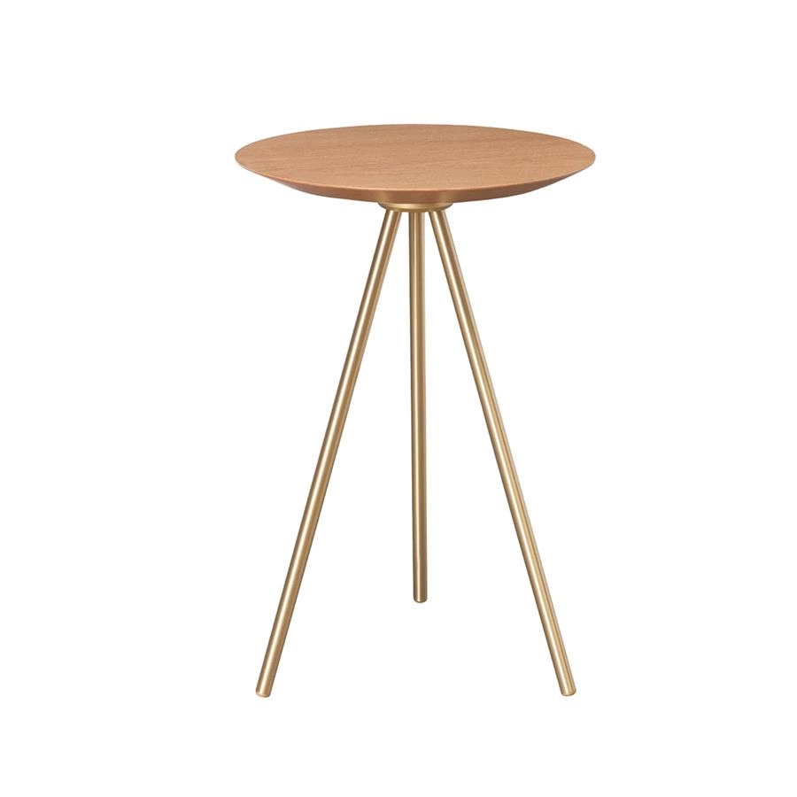 mesa lateral redonda dourada e madeira chelsea