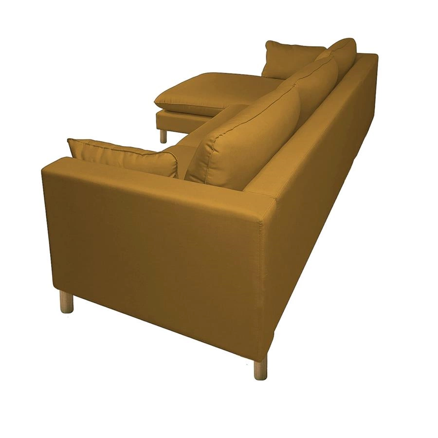 sofá em algodão com chaise pé madeira 4 lugares arco