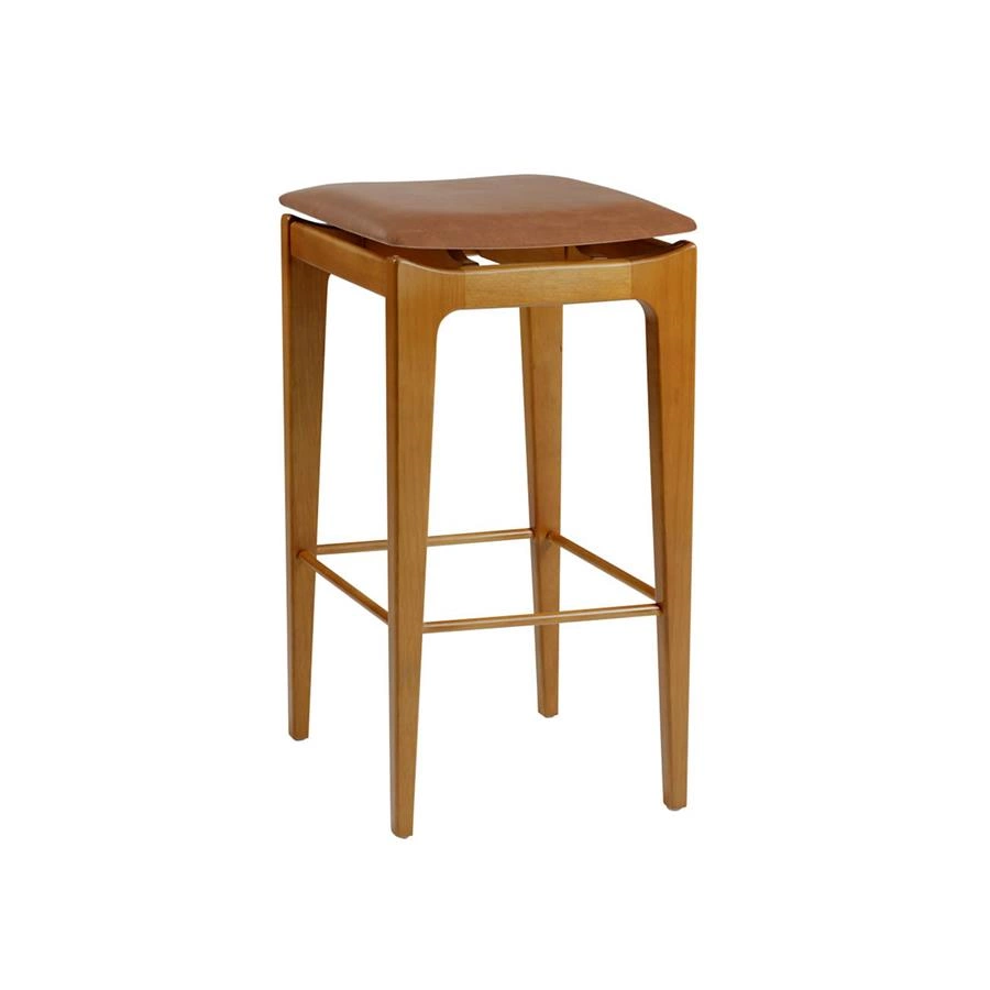 banqueta quadrada em madeira maciça e couro caramelo tignes