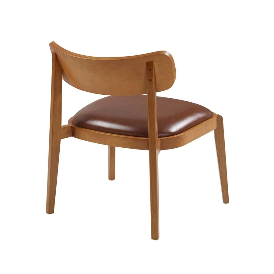 poltrona redonda em madeira e couro caramelo minimal