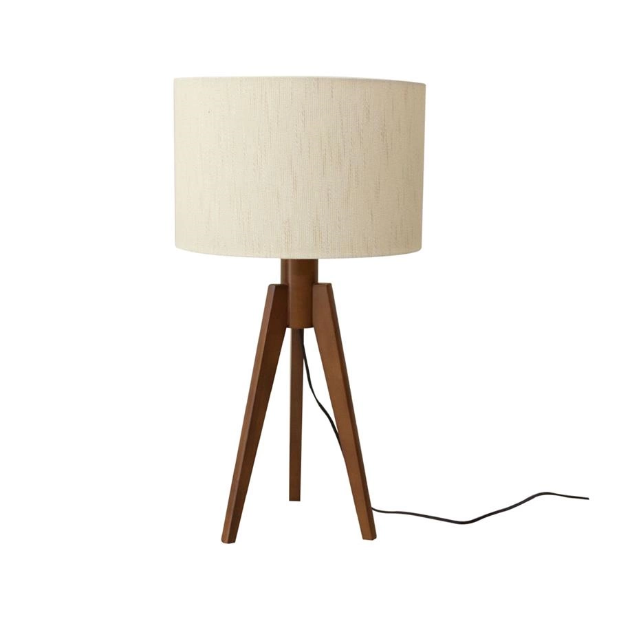 abajur em madeira e cúpula em linho tripé