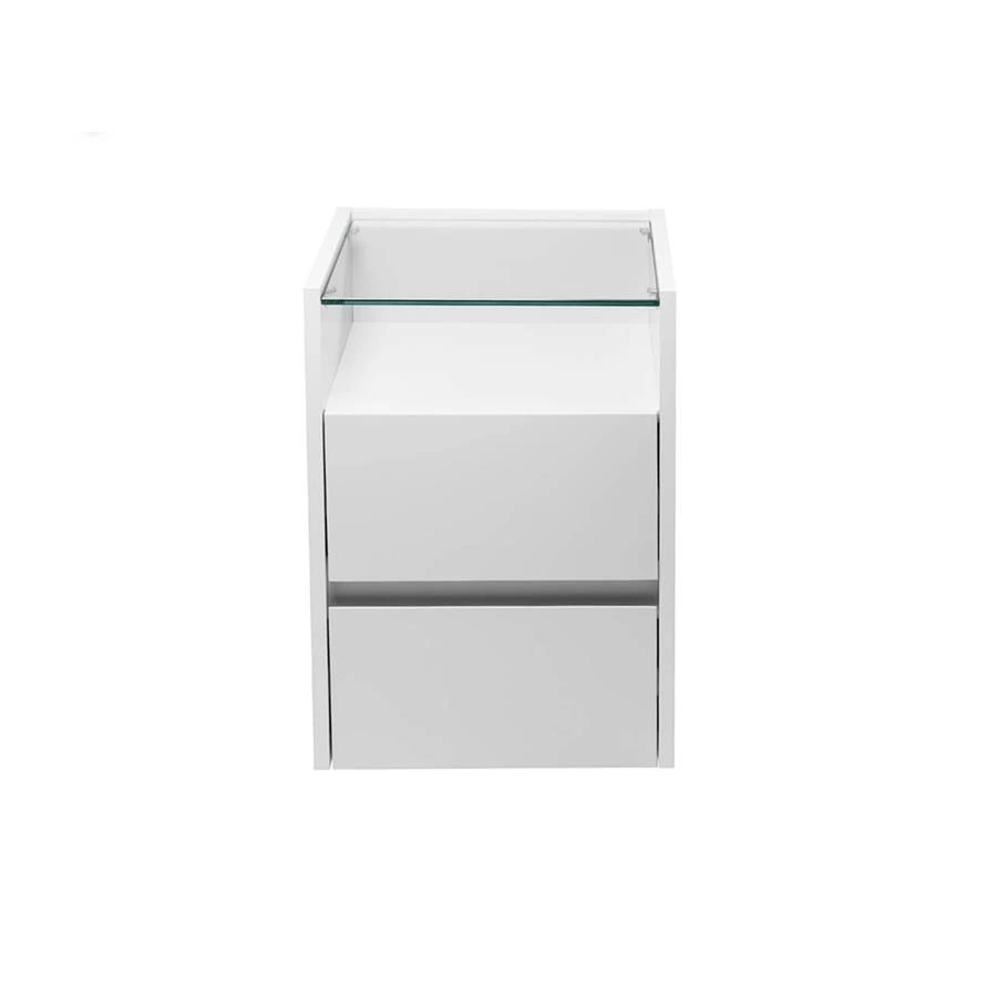 mesa de cabeceira branca em laca e vidro loft